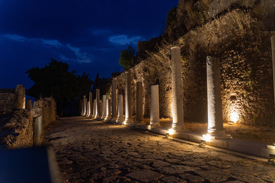 Illuminated Ancient Columns at Syedra Archaeological Site, Turkey