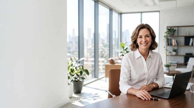 Smiling businesswoman in modern office with laptop and city view, representing productivity and technology
