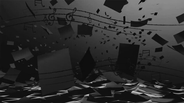 White Sheets of Paper Falling and Flying with Glowing Music Clef Trail Seamless Loop