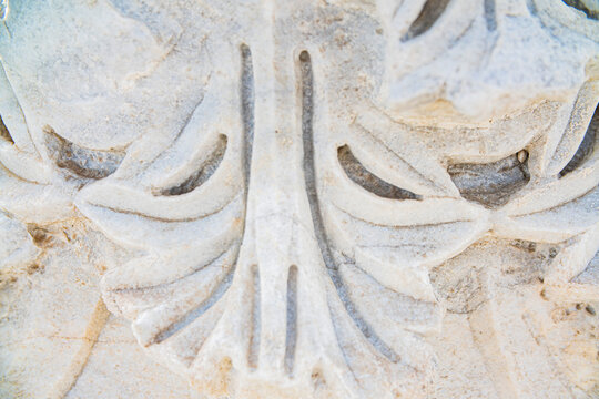 Closeup of ancient Roman marble relief carving with floral acanthus leaf decoration at archaeological site