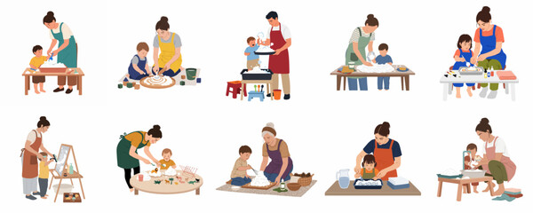 Fototapeta premium Set of ten minimalist illustrations of parents and children bonding through creative activities like painting, baking, and crafting on a white background.