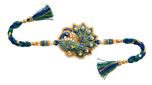 Traditional peacock rakhi for Raksha Bandhan festival. Ornate gold and blue peacock bracelet, decorative Indian wristband with silk tassels. isolated PNG with Transparent Background