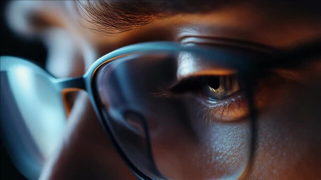 Closeup of a person's eye with glasses.