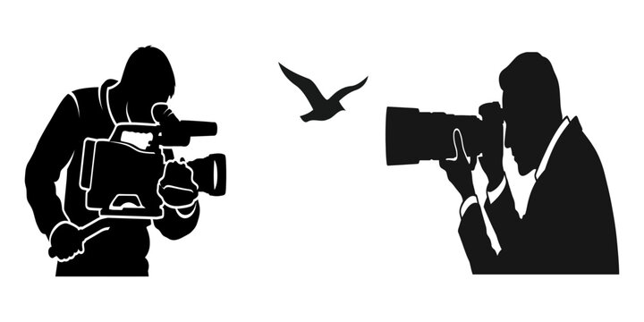 Black silhouettes of a professional cameraman and a photographer capturing a flying bird on a white background