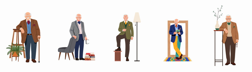 Fototapeta premium Collection of sophisticated elderly man character designs in various stylish outfits and scholarly poses, isolated on a white background for versatile design use.