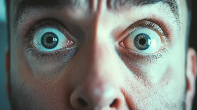 A man with wide-open eyes and a surprised look on his face in an extreme close-up shot.