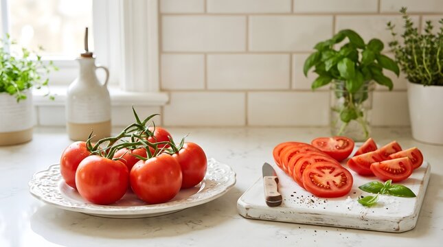 Fresh red tomatoes on vine and sliced on rustic cutting board in kitchen