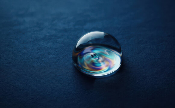 Transparent glass dome paperweight with colorful iridescent refraction sitting on a dark textured blue background representing abstract beauty and modern design