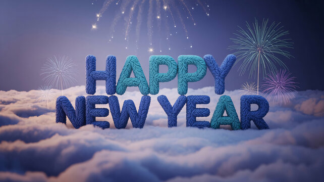Happy new year 3d text above white clouds with festive fireworks in a night sky