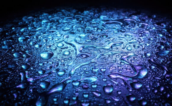 Abstract macro background of glowing blue and purple water droplets on a dark surface for futuristic tech and science concepts