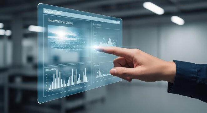Human hand interacting with futuristic holographic digital interface displaying renewable energy data and analytics