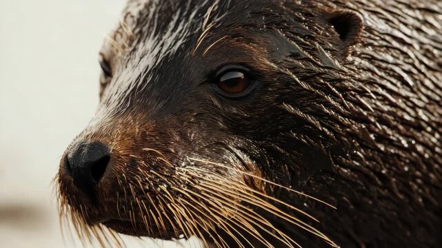 A detailed shot of an otter with water droplets on its fur.