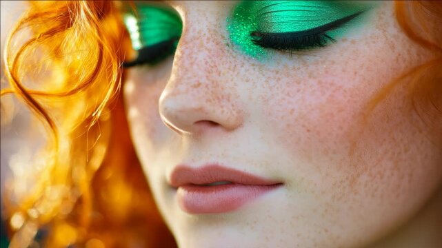 A young lady with fair skin and red hair, adorned in eye-catching green makeup around her eyes. She is looking downwards with her lips slightly parted.