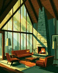 Fototapeta premium A lodge interior features a fireplace and comfortable seating. Light from large windows creates a nostalgic atmosphere in a warm setting.