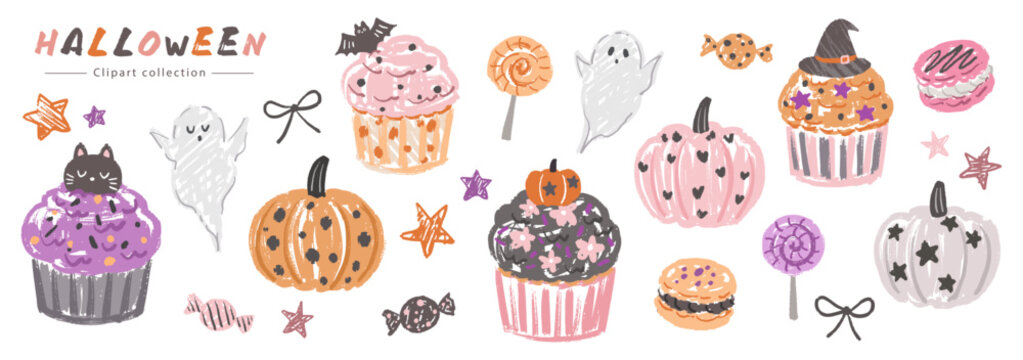 Hand-painted cute doodle-style Halloween vector clipart set with cupcakes, macarons, and candy for banner, poster, card and stickers