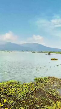 Salatiga, Central Java, Indonesia - May 29 2025: 1080p 60fps travel footage showing the beautiful atmosphere of Rawa Pening lake captured from a moving train. High quality video.