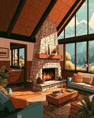 Obraz premium A cozy lodge with a stone fireplace. Large windows reveal a view of mountains. Warm colors create a welcoming atmosphere.