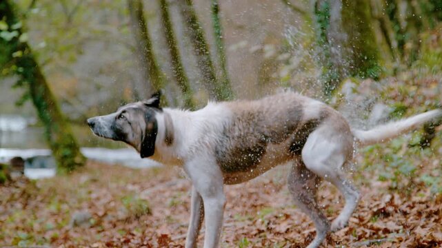 SLOW MOTION, CLOSE UP, DOF: Wet mixed breed dog shakes off water beside forest river, sending droplets into the air on autumn day. Playful canine energy amidst fall colours and natural outdoor setting