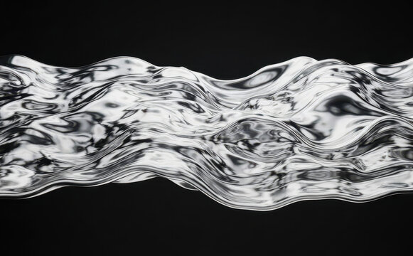 Abstract liquid silver wave flowing on black background, futuristic metal fluid dynamic motion design element for modern digital art and technology concepts