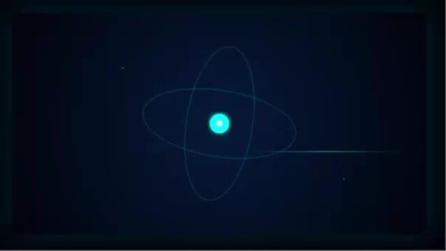 Quantum atomic core animation with glowing cyan nucleus and orbiting electrons on dark background