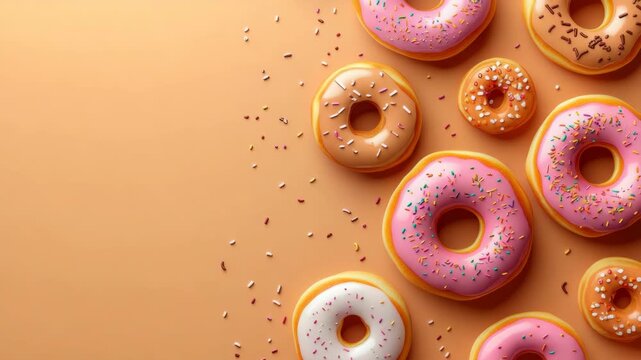 A delightful array of doughnuts with various toppings, including icing and sprinkles, displayed on a table.