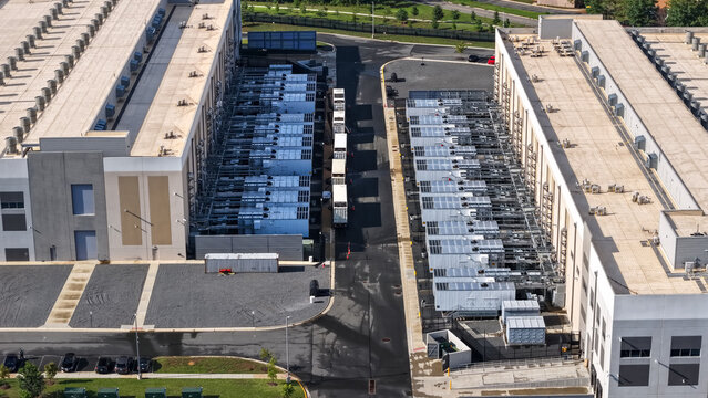 Aerial view modern data center campus Ashburn Virginia
