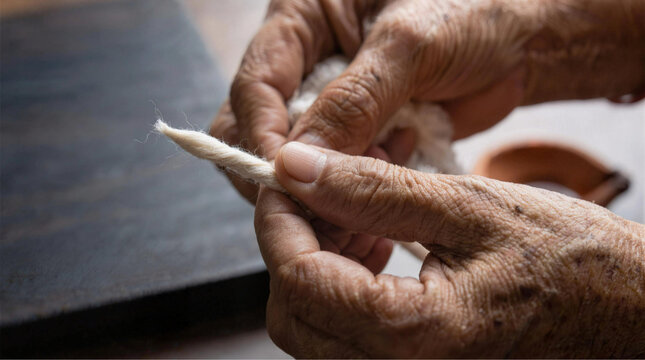 Close Up of Elderly Hands Shaping Traditional White Cotton Wick for Oil Lamp