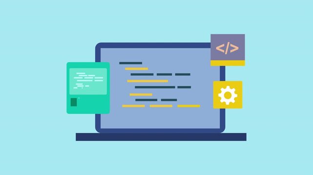 Writing codes on computer screen, API integration, application development 2d animation with alpha matte