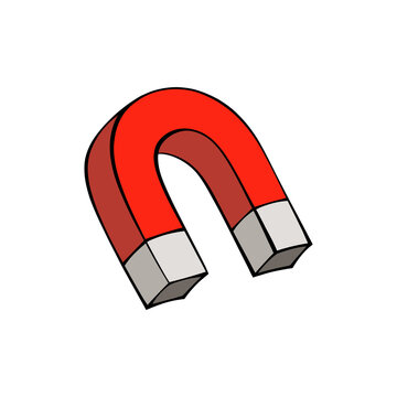 3D red horseshoe magnet vector illustration with silver metal poles isolated on transparent background for physics science and education