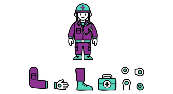 Paramedic character creator kit, emergency medical technician vector set, first responder avatar with medical equipment icons