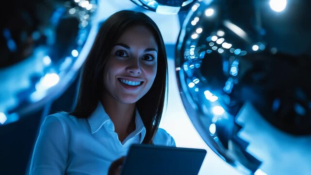 Portrait of a happy young lady against blue background