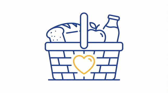 Picnic basket icon featuring fresh bread a red apple and a glass milk bottle with a golden heart symbol drawn in clean minimalist outline style
