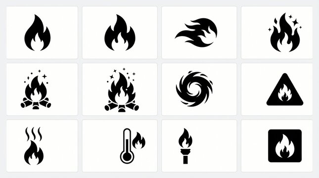 Black fire icon set featuring various flame shapes like campfires torches temperature gauges and geometric warning signs isolated on white background for modern user interfaces