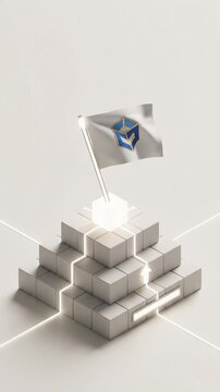 Minimalist 3D motion graphics loop of a cube pyramid with a logo flag on a white background