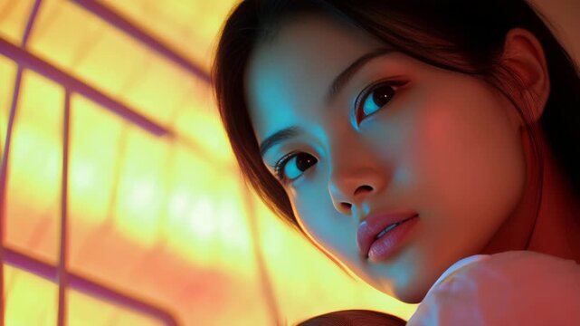 Young woman with closed eyes and a relaxed expression against vibrant background.