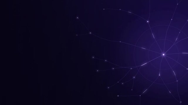 Right aligned glowing purple digital network tree with dark copy space
