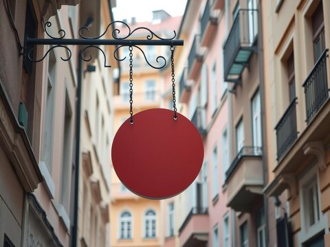 Blank red round shop sign hanging on a metal bracket in a narrow european city street