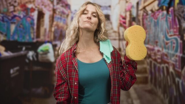 Woman holding yellow sponge and green cloth over shoulder in street with graffiti walls; confidence defiance grit.