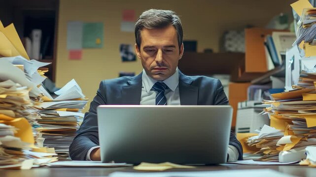 A man sitting at a desk with stacks of papers, looking at his laptop and wearing a suit.
