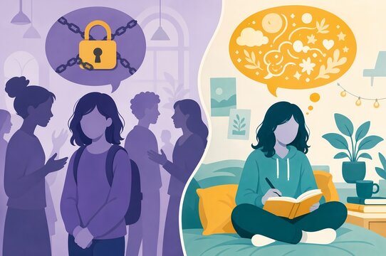 Selective Mutism conceptual illustration of a girl locked in silence around a talking crowd contrasting with her vibrant creative thoughts at home writing in a journal