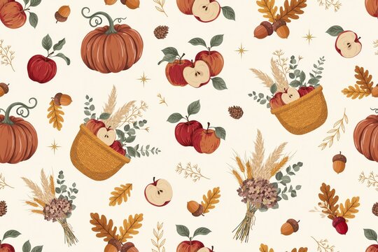 Autumn harvest seamless pattern with pumpkins, red apples, acorns, pinecones, wheat stalks, and dried floral bouquets on a cream background