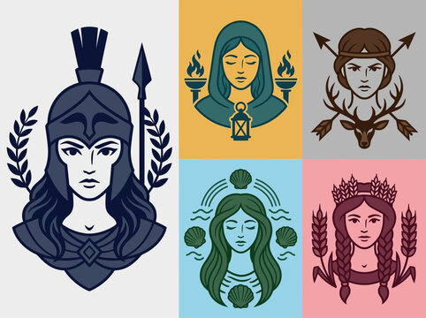 Greek Goddess Avatar Vector Set: Athena, Artemis, Aphrodite, Demeter, and Hestia Icons