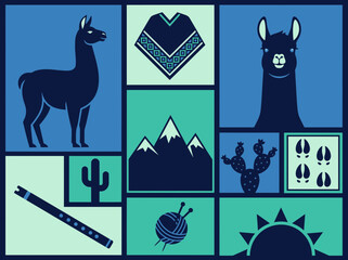 Naklejka premium Modern Minimalist Andean Cultural Icon Set in Geometric Grid Layout