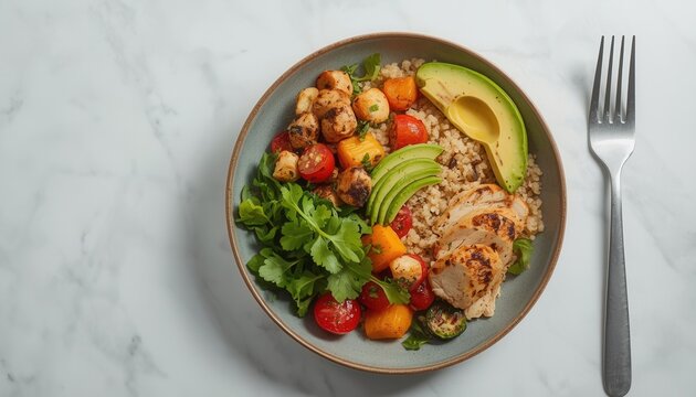 A Delicious and Nutritious Buddha Bowl: A vibrant Buddha bowl filled with grains, chicken, avocado, cherry tomatoes, and greens, offering a healthy and satisfying meal, with a fork ready to enjoy.