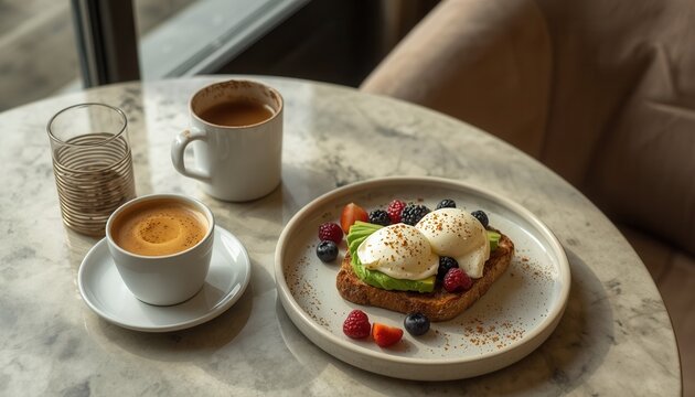 Gourmet Breakfast Indulgence: A delightful breakfast spread featuring eggs benedict on toast, fresh berries, and aromatic coffee, served on a chic marble table.
