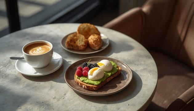 Savory Morning Delight: A perfectly prepared avocado toast topped with halved hard-boiled eggs and fresh berries sits beside a warm cup of coffee and a plate of golden pastries.