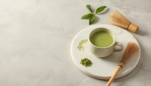Ceremonial Matcha Moment: A serene composition showcasing a cup of vibrant green matcha tea, accompanied by its traditional whisk and a scattering of finely ground powder.
