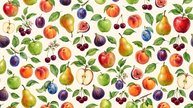 Seamless Fruit Pattern with Watercolor Apples Pears Plums and Cherries on White Background