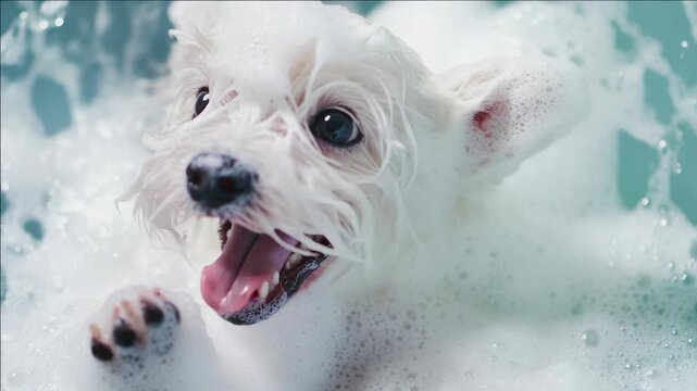 A joyful dog splashing around in a foamy bath.