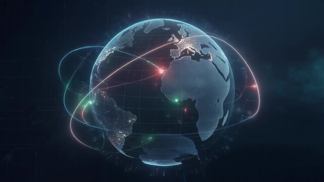 Futuristic digital globe rotating with glowing data points and neon lines in high tech visualization